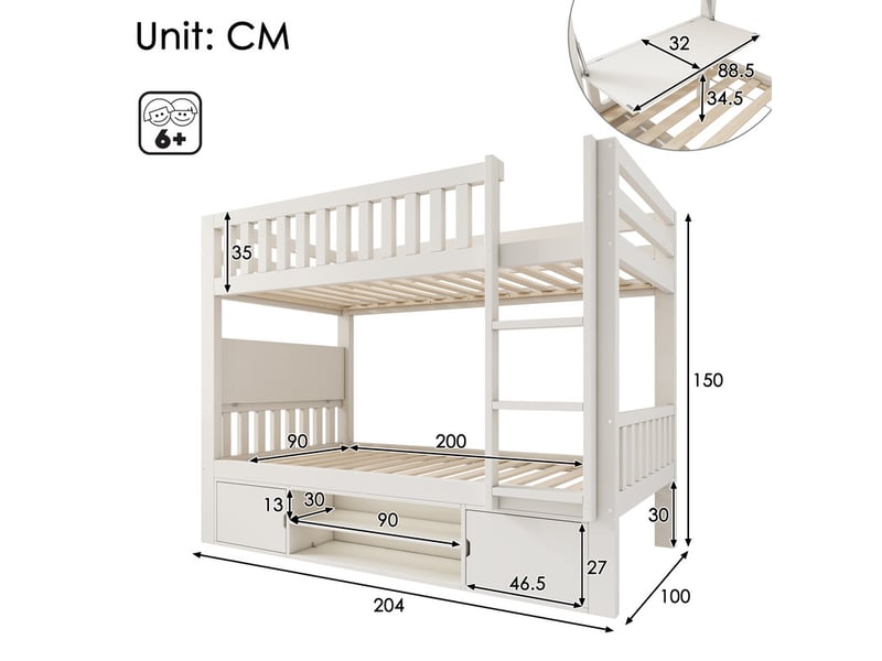 Lit superposé 90x200 cm - avec un bureau pliable - avec étagère à chaussures intégrée et échelle - blanc (sans matelas) - Conforama C