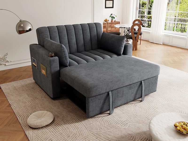  Canapé droit convertible,2 places,avec de porte-gobelets, dossier réglable,136 x 162 x 84 cm,gris  - Conforama B