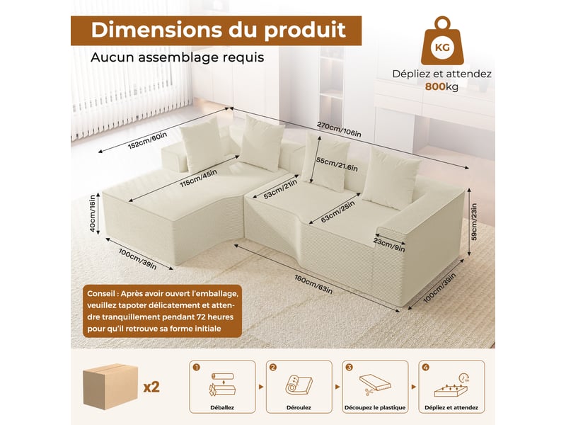  Canapé d'angle gauche modulaire 3 places compressé en velours côtelé,mousse haute densité,sans assemblage,canapé de salon,270x152x59cm,beige 270x152x59CM - Conforama E