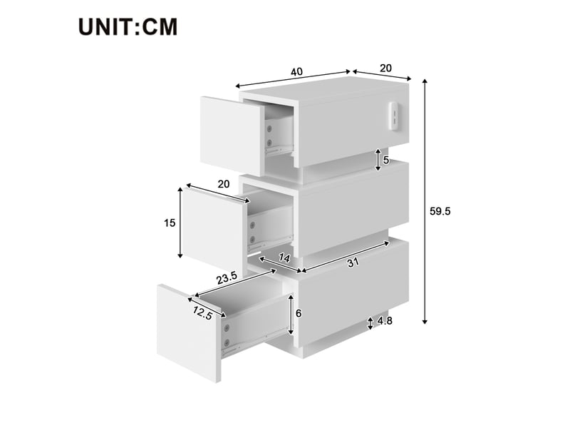  Lot de 2 tables de chevet étroites 20x40x59,5 cm, 3 tiroirs, led usb type-c, panneaux de particules, blanc  - Conforama C