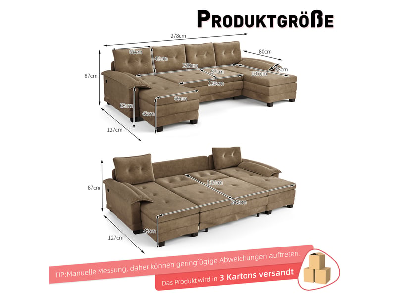  Canapé-lit modulable en u 278x127x87 cm 4 places avec usb en bois couleur camel, design moderne, design moderne  - Conforama C