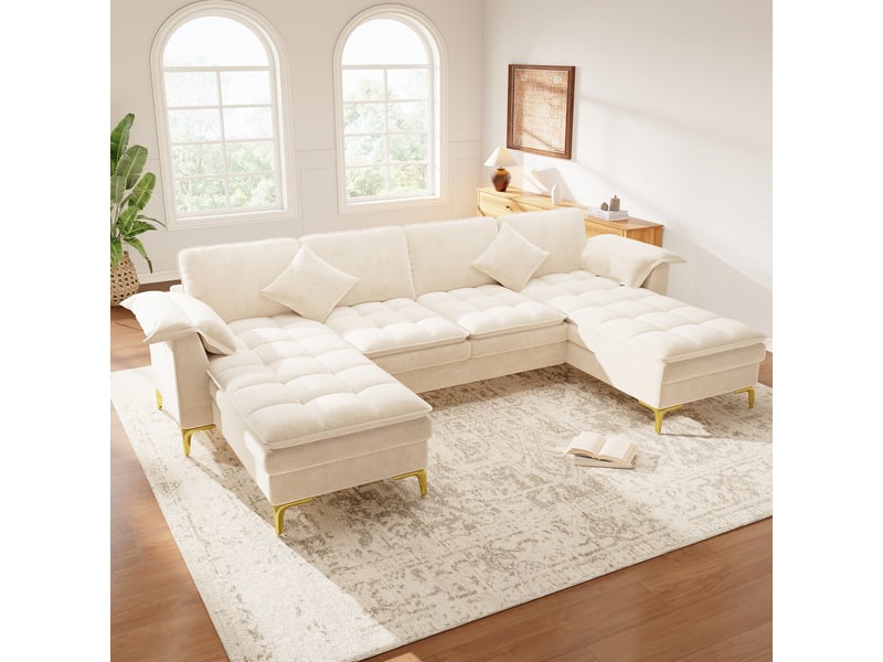  Canapé d'angle panoramique fixe 4 places tissu beige  - Conforama E