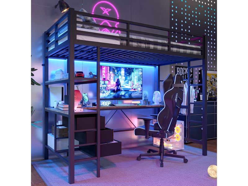  Lit mezzanine enfant 90x200 cm, led, tiroirs, bureau, charge, étagère, sommier, métal noir, sans matelas  - Conforama W