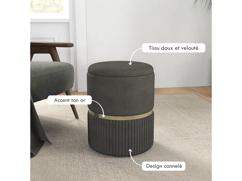 Pouf tabouret repose-pied coffre de rangement en velours côtelé 36 x 36 x 44 cm pour salon chambre gris  - Conforama E