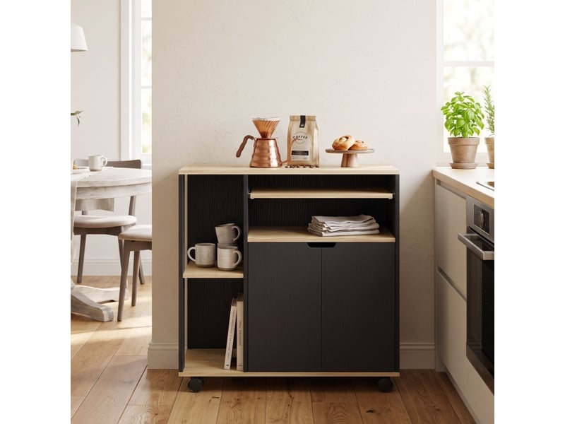 Desserte de cuisine roulante 80x40x82 cm avec placard et rangement réglable, noir - Conforama C