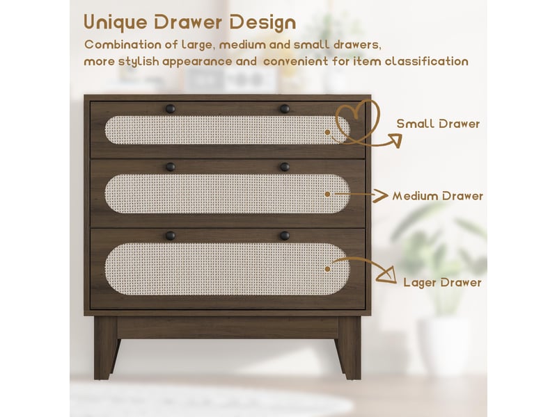  Commode  en rotin à 3 tiroirs - meuble de rangement bois foncé avec kit anti-basculement - coffre d'appoint pour chambre，marron PHO_33T8B9WR - Conforama C