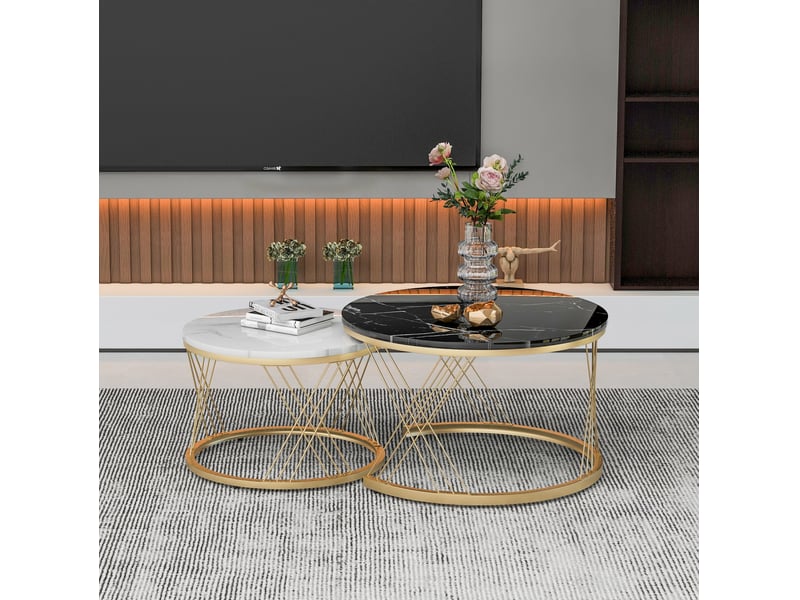 Tables basses gigognes rondes 70x45+45x40 cm, placage marbre, table de salon, canapé et chambre, métal et mdf, noir  - Conforama E