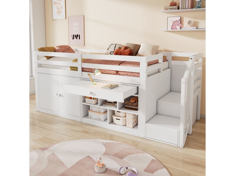  Lit enfant multifonction 90x200 blanc avec escalier et rangement - tiroirs convertibles en bureau  - Conforama E