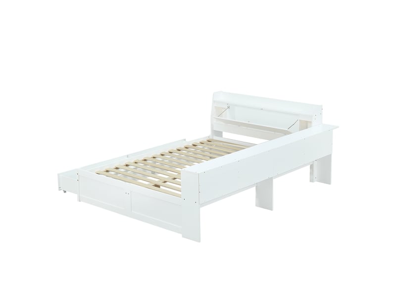 Lit coffre 140x200 cm bois blanc, tête de lit avec rangements, lampes intégrées, ports usb, tiroirs, sans matelas - Conforama E