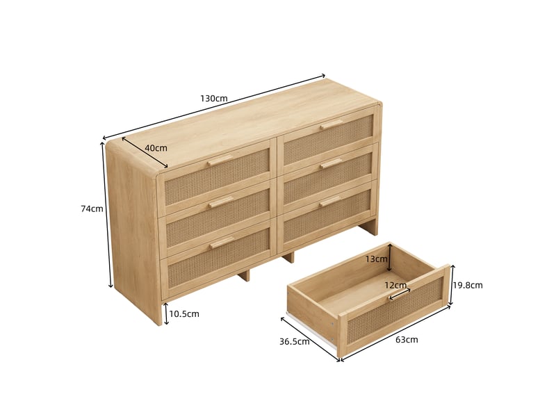  Commode de rangement à 6 tiroirs en rotin – 130 x 40 x 74 cm – naturel  - Conforama D
