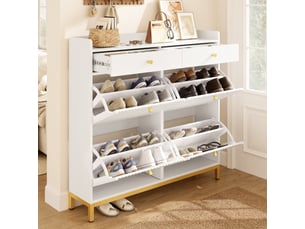 Meuble à chaussures étroit, avec 4 portes battantes et 2 tiroirs, équipé de poignées et de pieds en métal, idéal pour une entrée ou une chambre, blanc, 106,5 x 25 x 107 cm