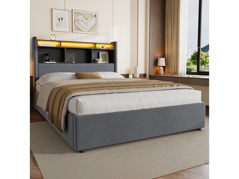  Lit coffre 140x190 cm adulte avec led et station de charge, rangement hydraulique, velours gris foncé  - Conforama E