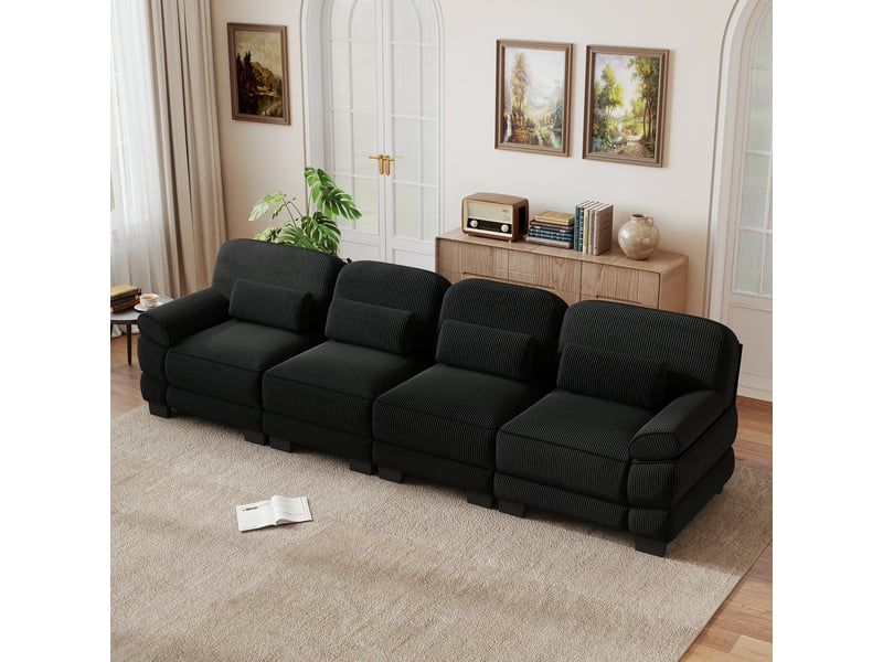 Canapé modulable 4 places, tissu cord doux et agréable, coussins lombaires, salon, connecteurs pour structure stable, noir  - Conforama E