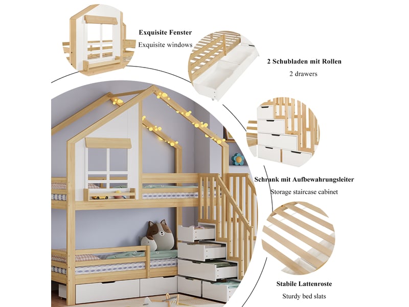  Lit superposé enfant 90x200 avec échelle à poignées, design cabane et grands tiroirs de rangement latéraux  - Conforama E