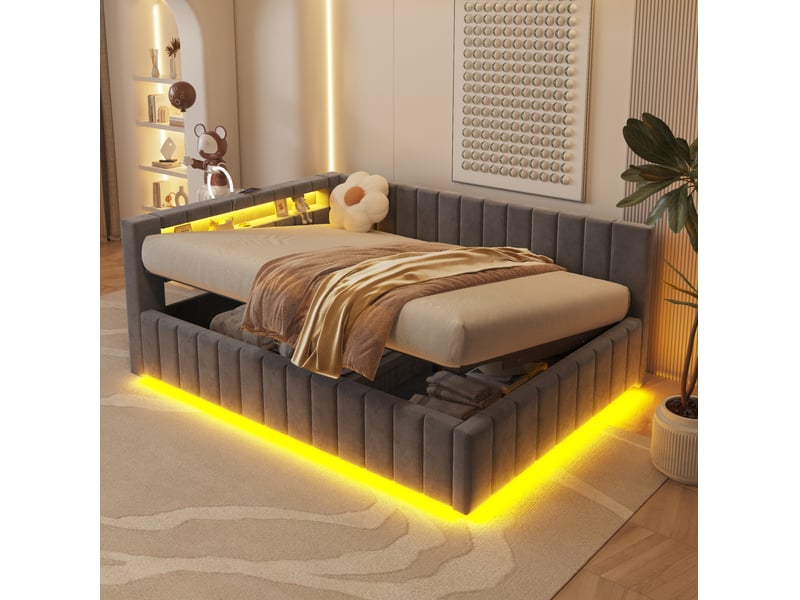 Lit double 140x200 cm coffre hydraulique, led usb, tête de lit velours, cadre à lattes, mdf, gris sans matelas - Conforama D