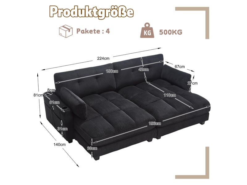  Canapé modulable 2 places séparable en 2 fauteuils avec 2 coussins, 4 porte-gobelets, 4 poches latérales, ports usb, velours côtelé, noir  - Conforama C