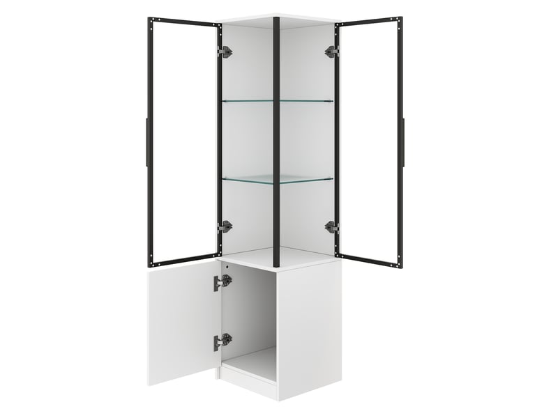  Vitrine d'angle 40 x 40 x 160 cm, armoire vitrée avec led pilotée par appli, portes en verre trempé , panneaux de particules, blanc ABC - Conforama D