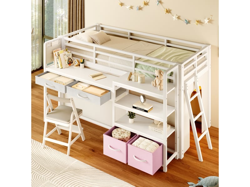  Lit mezzanine enfant 90x200cm avec bureau, lit surélevé avec tiroirs en tissu, étagères ouvertes, rideau et led multicolore, structure en métal, blanc OPULERANE TRADING LTD - Conforama E