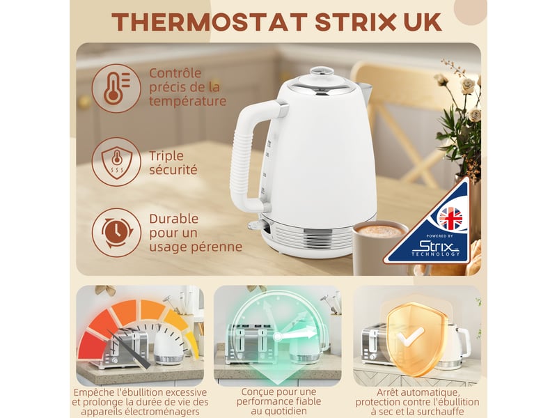 Ensemble bouilloire et grille-pain, blanc, bouilloire en acier inoxydable 1,7 l et 2200 w et grille-pain à 4 tranches - Conforama E