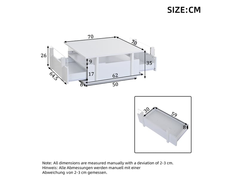  Table basse carrée 70x70 avec 2 tiroirs de rangement - éclairage led intégré et rebords en acrylique  - Conforama C