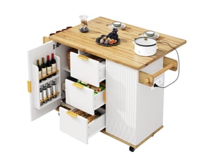 Desserte de cuisine 134x46x88 cm blanche en mdf et métal, plateau rabattable, 3 tiroirs et prises intégrées