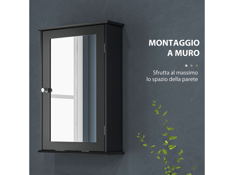  Armoire de salle de bain avec miroir et fermeture magnétique,meuble mural en bois gain de place,41x14x60cm,noir  - Conforama E