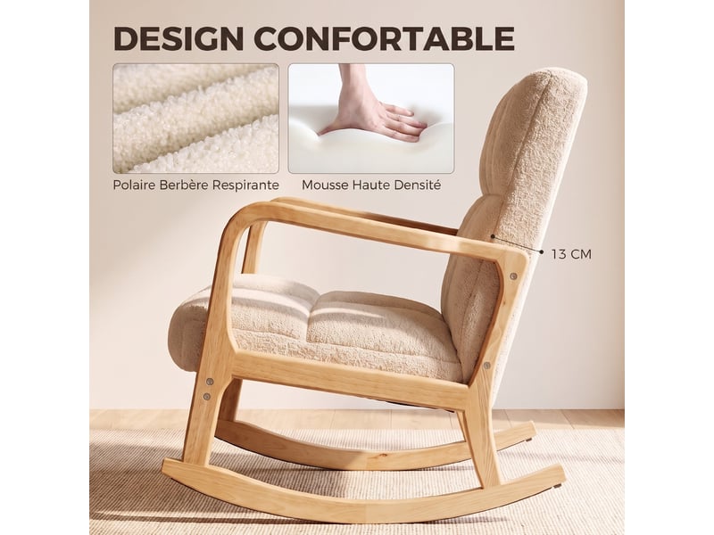  Fauteuil à bascule avec repose-pieds, rocking chair en tissu bouclette, pieds en bois, 64,5 x 82 x 89 cm, beige  - Conforama E