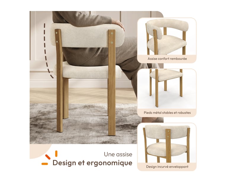  Lot de 2 chaises, fauteuils de table nella en tissu chenille beige pour salle à manger  - Conforama C