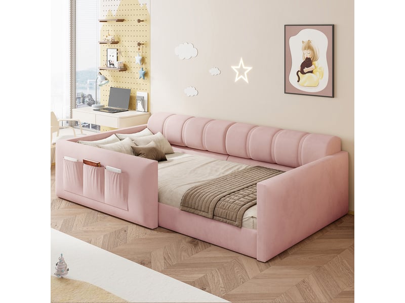 Lit enfant capitonné 90x200 – avec sommier à lattes – rose (matelas non inclus) - Conforama E