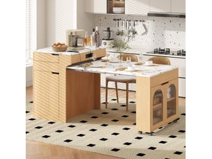 Desserte de cuisine extensible avec 2 tiroirs et étagères réglables, prises intégrées, naturel, 55–153 × 80 × 93 cm