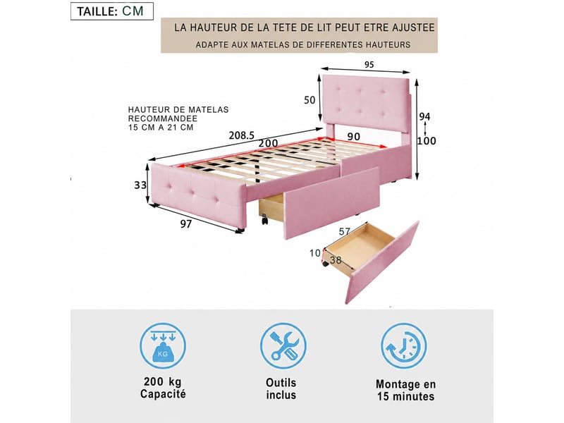  Lit avec tiroir 90 x 200 cm, lit simple rembourré en velours rose avec dossier, cadre en acier et lattes en bois  - Conforama D