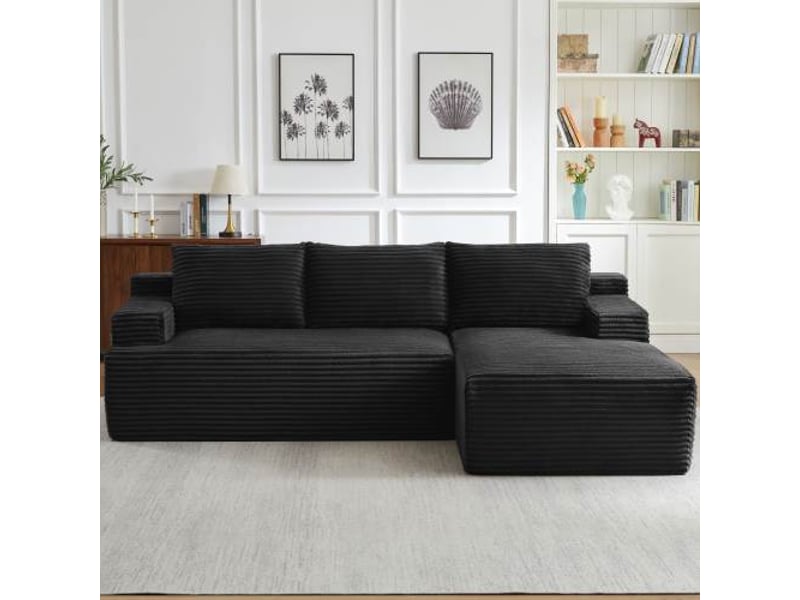  Canapé d’angle l (à droite) modulable 4 places 238 x 152 x 66 cm, assise profonde, convertible et sans montage, velours côtelé, noir OMNIGLINT TRADING LTD - Conforama B