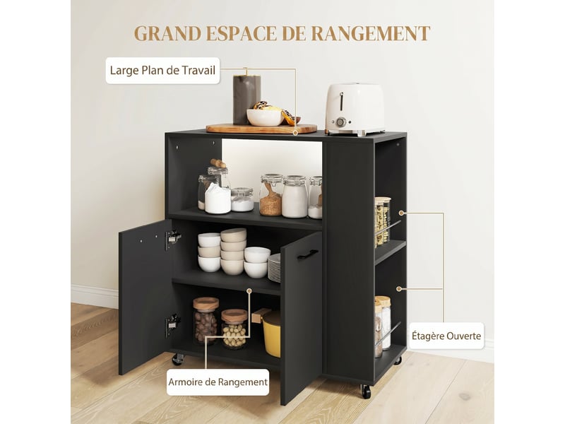  Desserte de cuisine à roulettes, îlot central cuisine avec plan de travail et étagère réglable, noir, 75x40x80,5cm  - Conforama A
