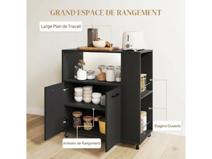Desserte de cuisine à roulettes, îlot central cuisine avec plan de travail et étagère réglable, noir, 75x40x80,5cm