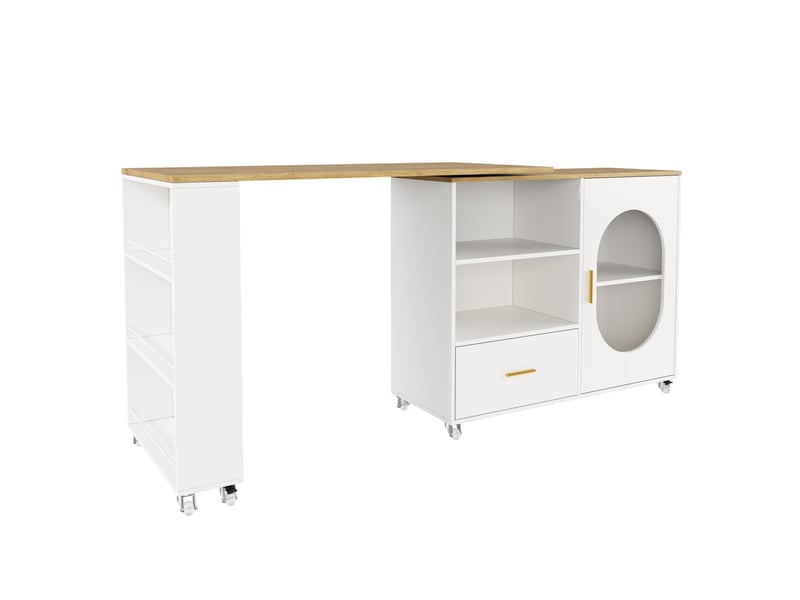 Îlot de cuisine mobile à plateau pivotant 360° 120-180x60x90 cm blanc naturel - Conforama R