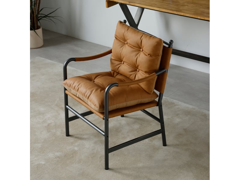  Fauteuil avec accoudoirs et dossier rembourré pour salon, style milieu du siècle en cuir synthétique et métal marron  - Conforama E