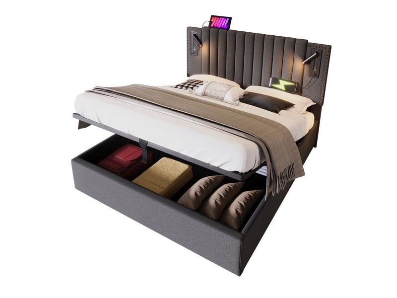  Lit coffre 160 × 200 cm 2 places avec led, usb, type-c, rangement, matelas inclus, tissu gris  - Conforama A