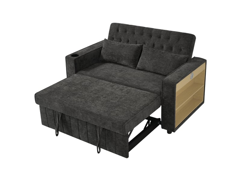  Canapé 2 places convertible 140 cm avec dossier réglable 3 positions, usb, porte-gobelet, étagère, poche et 2 coussins, chenille gris Radiant Stride - Conforama A