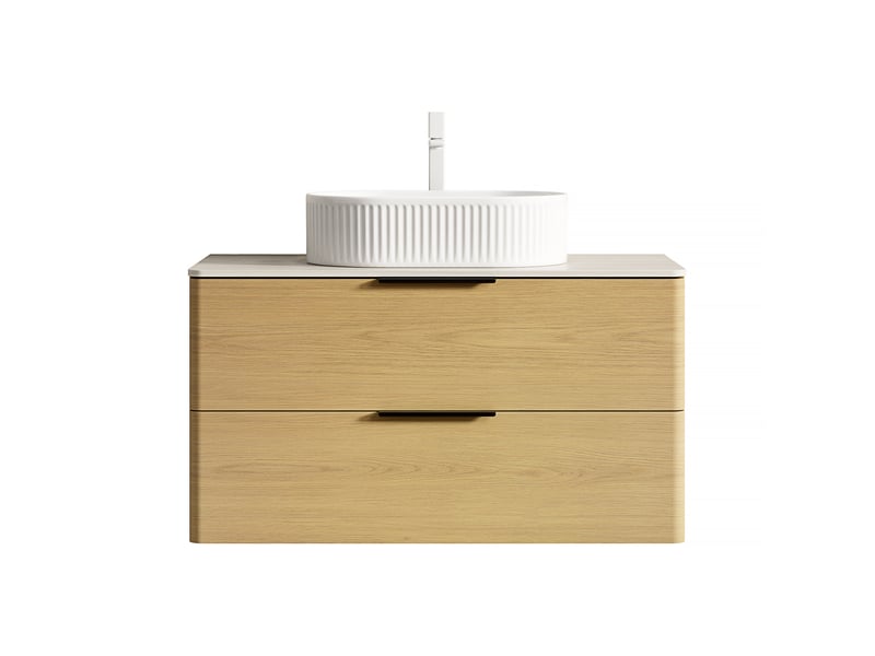 Meuble sous vasque avec lavabo ovale en céramique et 2 tiroirs, plateau en pierre frittée, salle de bain beige - Conforama A