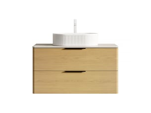 Meuble sous vasque avec lavabo ovale en céramique et 2 tiroirs, plateau en pierre frittée, salle de bain beige