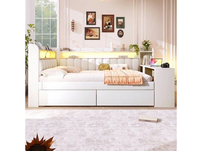  Lit de repos 140x200 avec port usb et 2 tiroirs, bureau intégré, blanc  - Conforama C