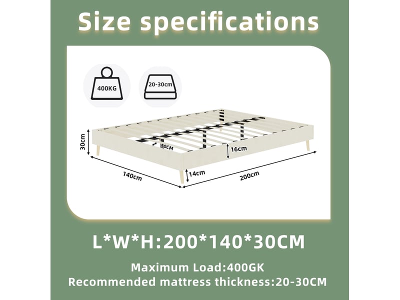 Lit simple 140 × 200 cm 2 places avec base basse, sans matelas, en tissu velours beige et structure métallique - Conforama D