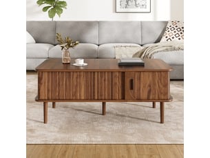 Table basse moderne rétro – plateau réglable, porte coulissante, noyer, rainures, pieds bois – multifonction