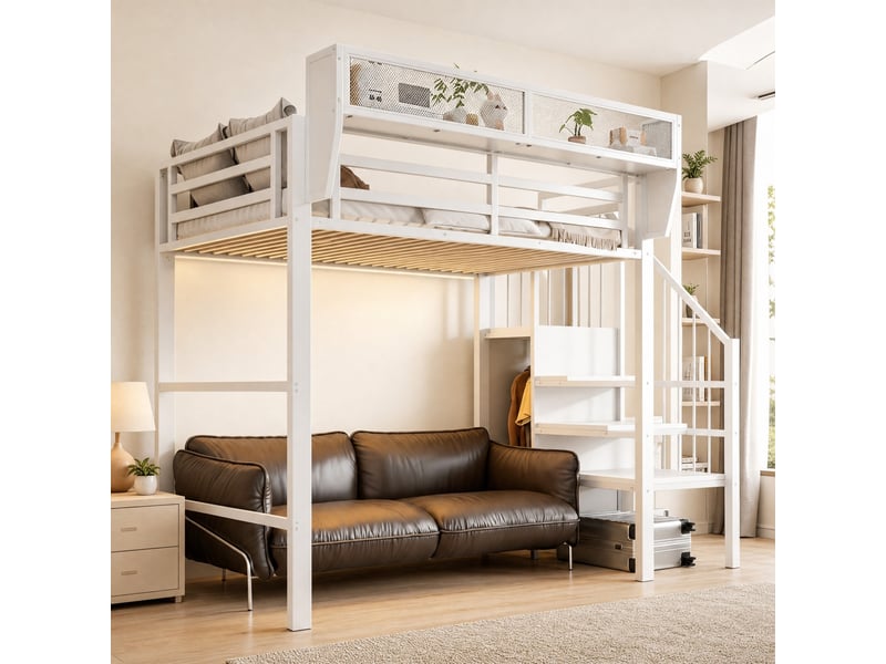  Lit mezzanine avec led, escalier sécurisé et rangements modulables pour chambre en métal et mdf blanc 90 × 200 cm  - Conforama B