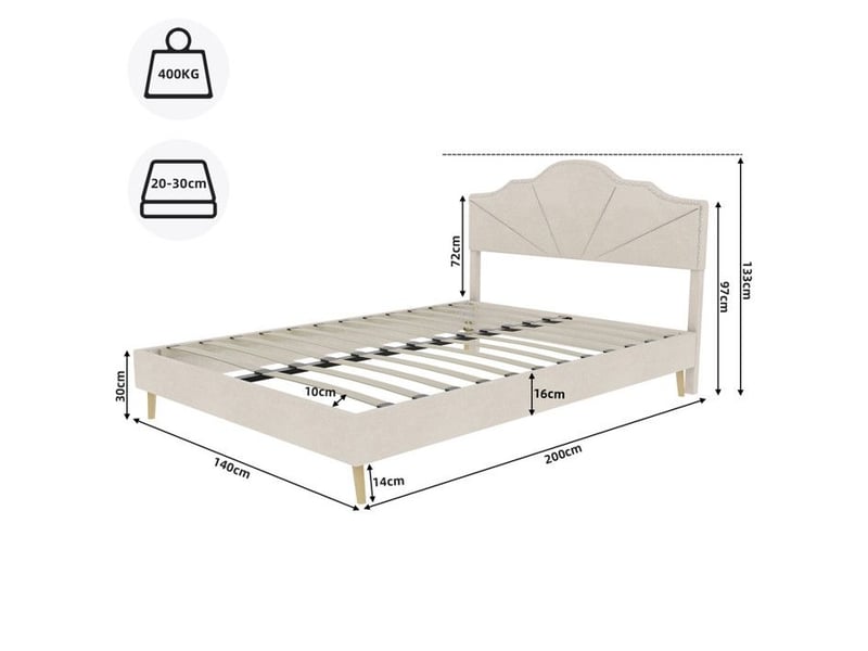  Lit double moderne minimaliste - tête de lit douce - 140x200 cm - beige - cadre à lattes 200x140x133cm - Conforama C
