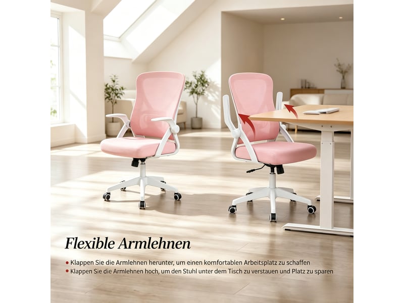  Chaise de bureau ergonomique pivotante avec dossier en maille, accoudoirs pliables, hauteur réglable, rose, 47x42x111.5 cm  - Conforama E