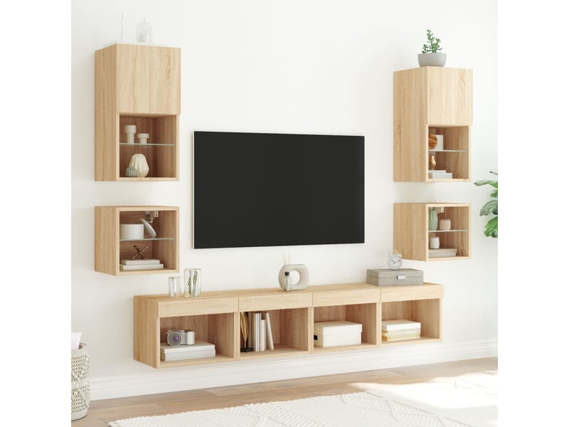  Unités murales tv avec led 8 pcs chêne sonoma bois d'ingénierie shl76306  - Conforama C