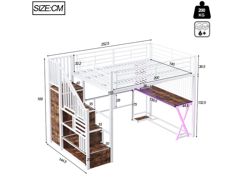  Lit mezzanine 140x200 cm avec bureau, armoire, rangements et led blanc  - Conforama C