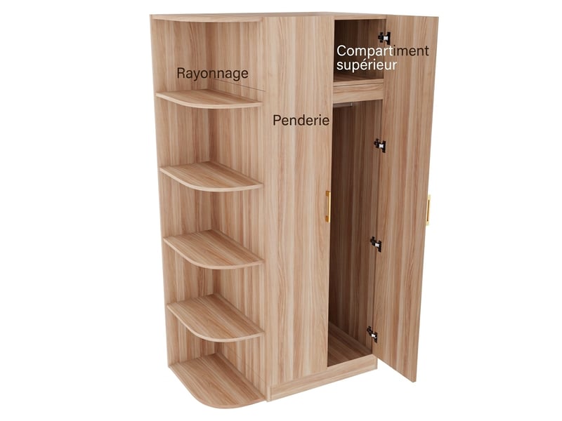  Armoire 2 portes en bois naturel 90x55x170 cm avec porte-manteau, penderie et étagères de rangement  - Conforama E