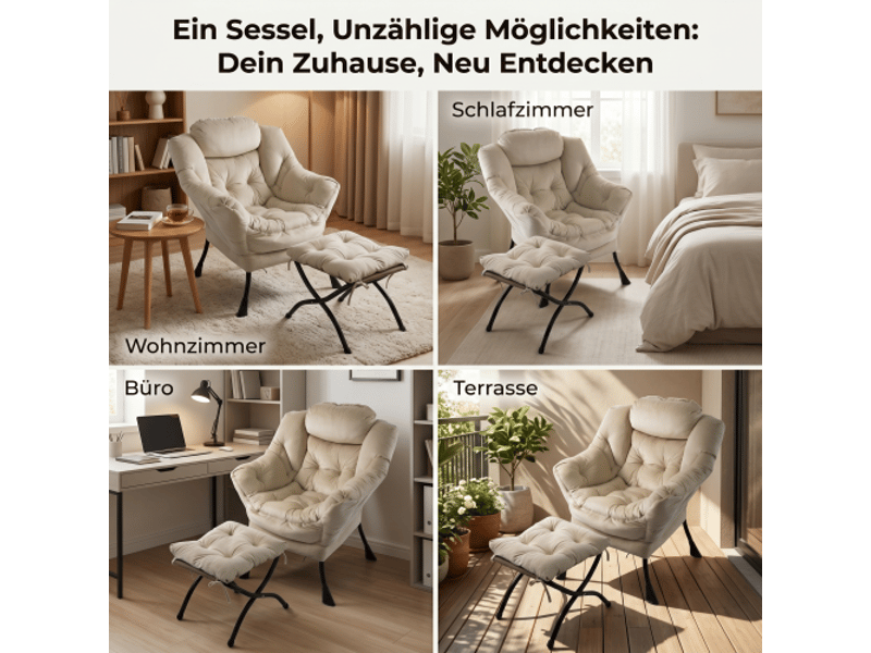  Fauteuil avec repose-pieds - fauteuil inclinable avec accoudoirs, poche latérale - fauteuil à oreilles - beige  - Conforama E